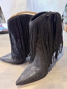 INC International Concepts Black Rhinestone Fringe Pointed Ankle Boots 165